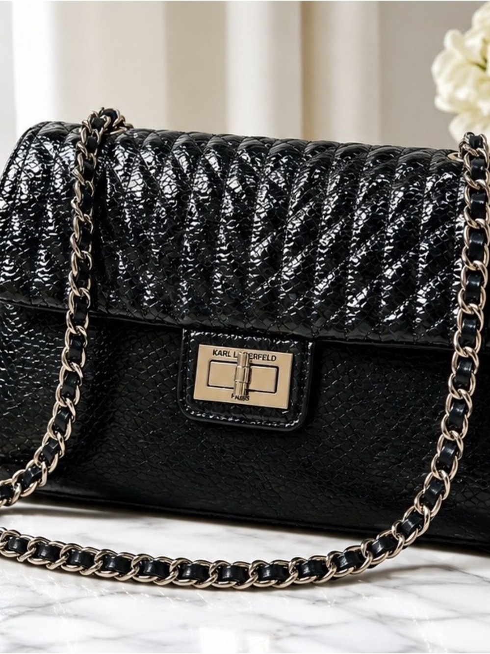Karl Lagerfeld Black Quilted Patent Shoulder Bag with Gold Chain